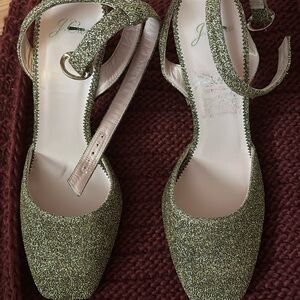 Gold J Crew 4inch block shoes worn once, in box and dust bag